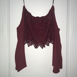 Burgundy Crochet Crop Top w/ Silk Flare Sleeve
